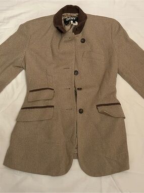 DKNY Tan Herringbone Wool-Blend Blazer with Brown Trim